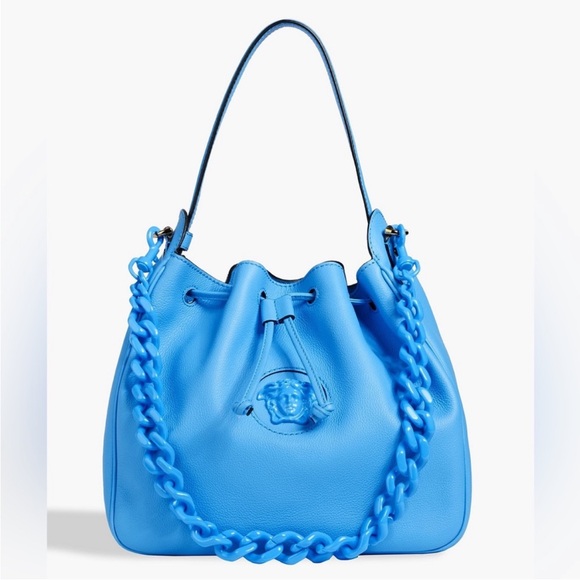 NEW! VERSACE La Medusa Blue Leather Drawstring Hobo Satchel Bucket Bag Travel - Picture 4 of 17